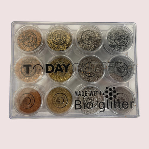 Set of Bioglitter containers with visible today glitter branding on a white background