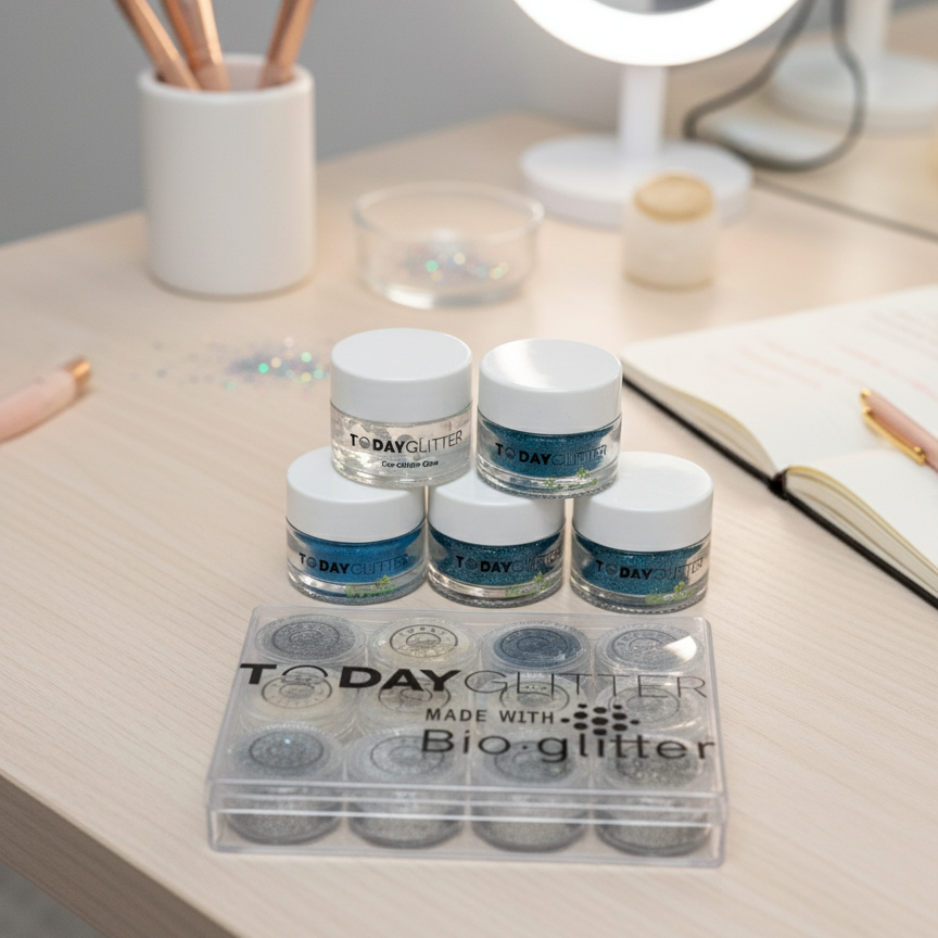 Celestial Tide Bioglitter bundle by Today Glitter with stacked jars and tray, ocean-inspired eco glitter set.